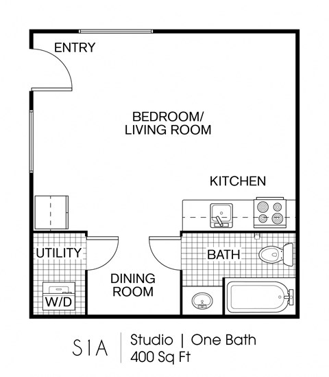 Floor plan for studio, 1 bath, 400 sqft